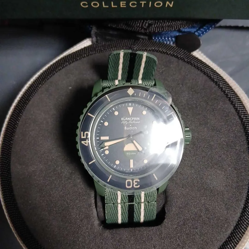 BLANCPAIN X SWATCH BIOCERAMIC SCUBA FIFTY FATHOMS WATCH – GREEN, NATO STRAP