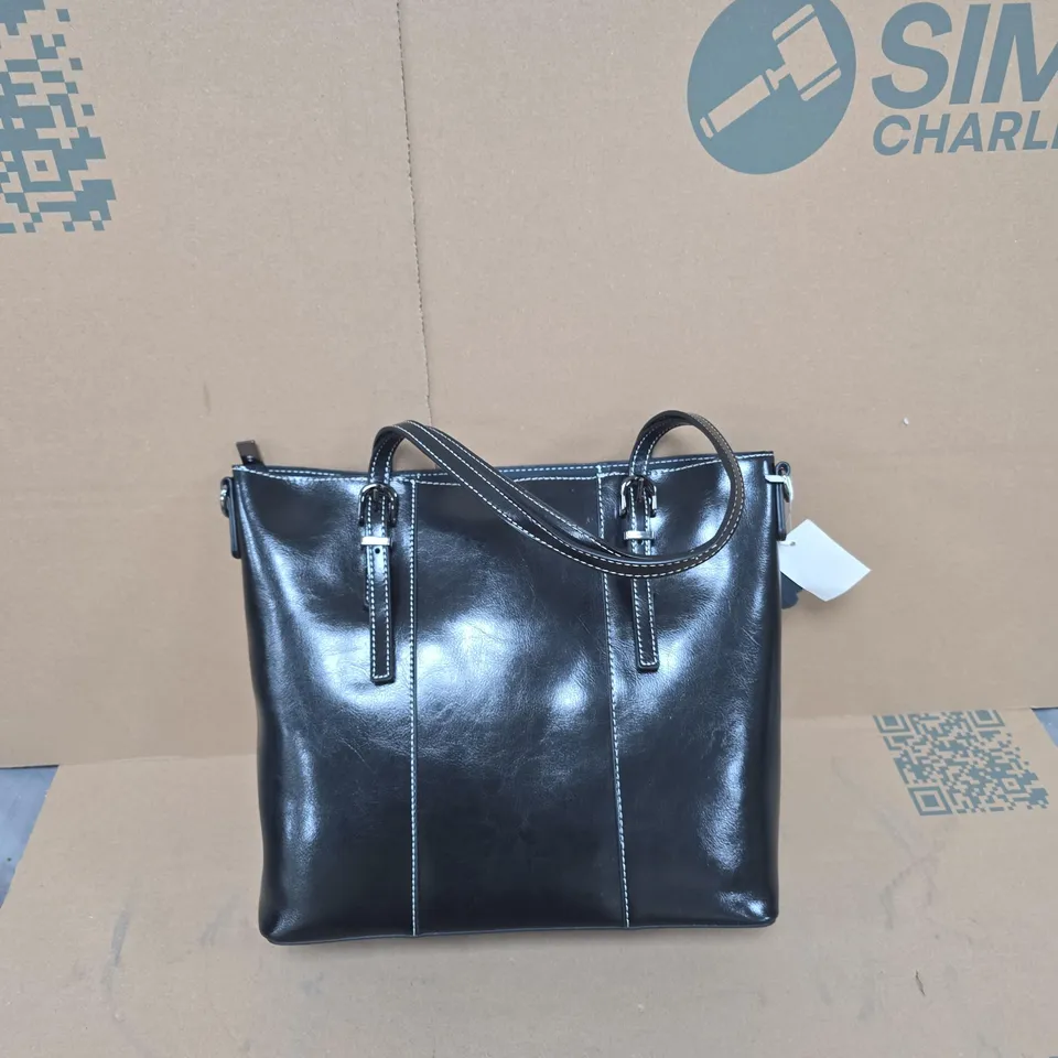 BLACK GENUINE LEATHER HANDBAG WITH WHITE CONTRAST STITCHING – TWO HANDLES