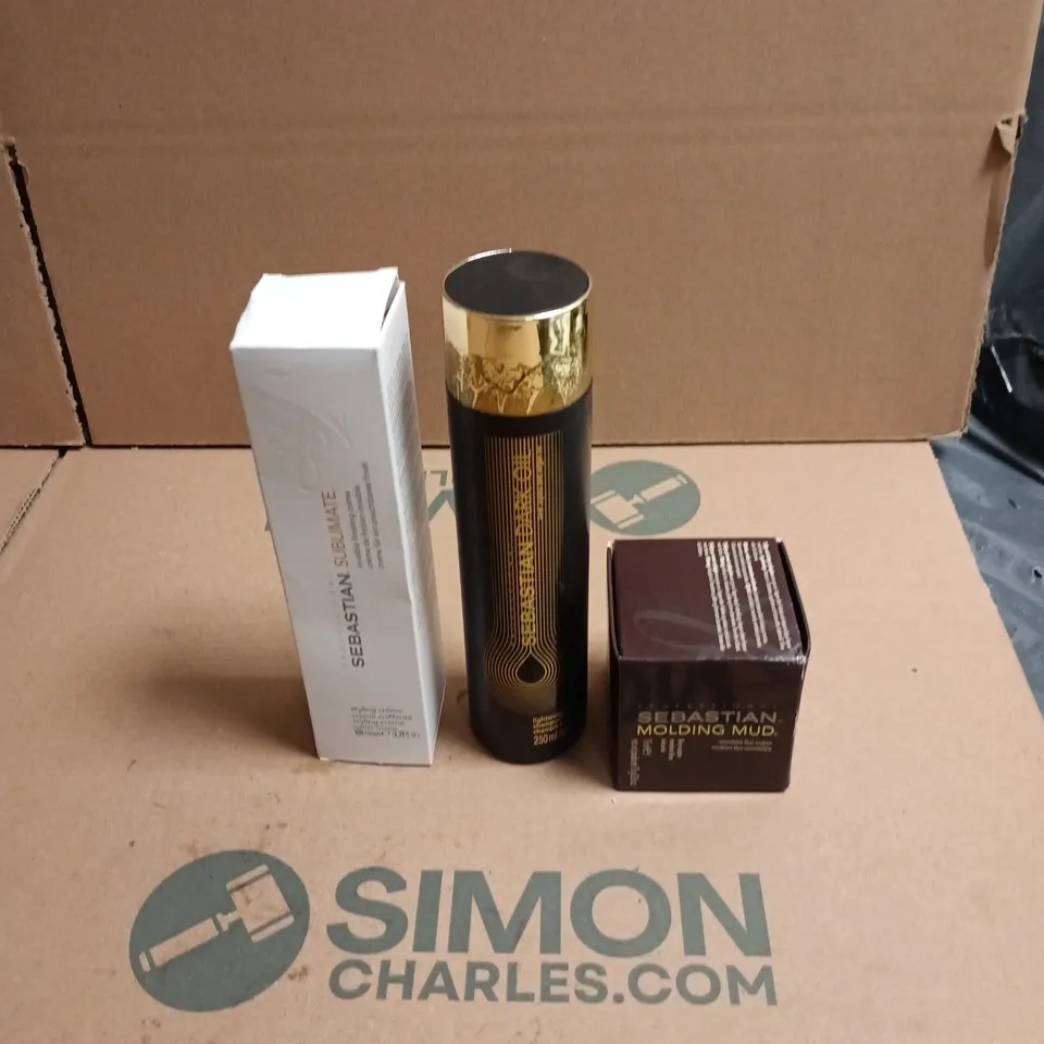 APPROXIMATELY 10 X SEBASTIAN HAIR CARE PRODUCTS TO INCLUDE DARK OIL LIGHTWEIGHT SHAMPOO, SUBLIMATE INVISIBLE FINISHING CREME ETC