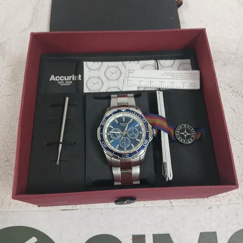 ACCURIST CHRONOGRAPH WATCH WITH BLUE DIAL, TACHYMETER BEZEL, IN BOX (INCLUDES EXTRA STRAP)