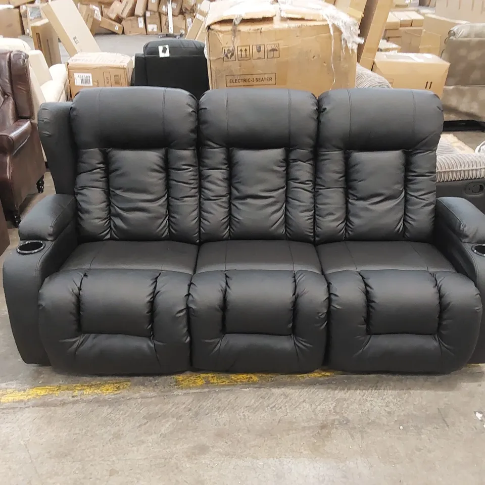 DESIGNER BLACK FAUX LEATHER POWER RECLINING 3-SEATER SOFA 