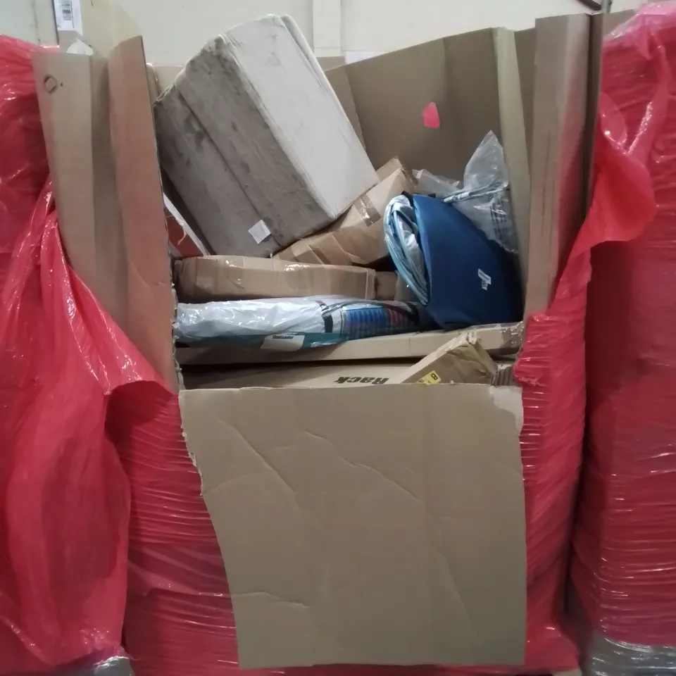 PALLET CONTAINING VARIOUS HOUSEHOLD ITEMS TO INCLUDE, TENT, CLOTHES RACK, SPA POOL, ETC.