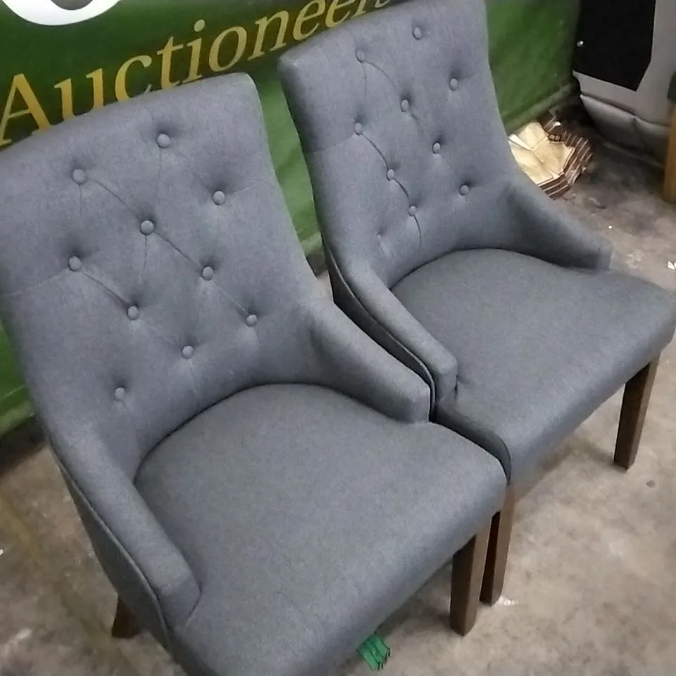 SET OF 2 CHARCOAL GREY FABRIC BUTTONBACK DINING CHAIRS WITH ARMREST AND WOODEN LEGS