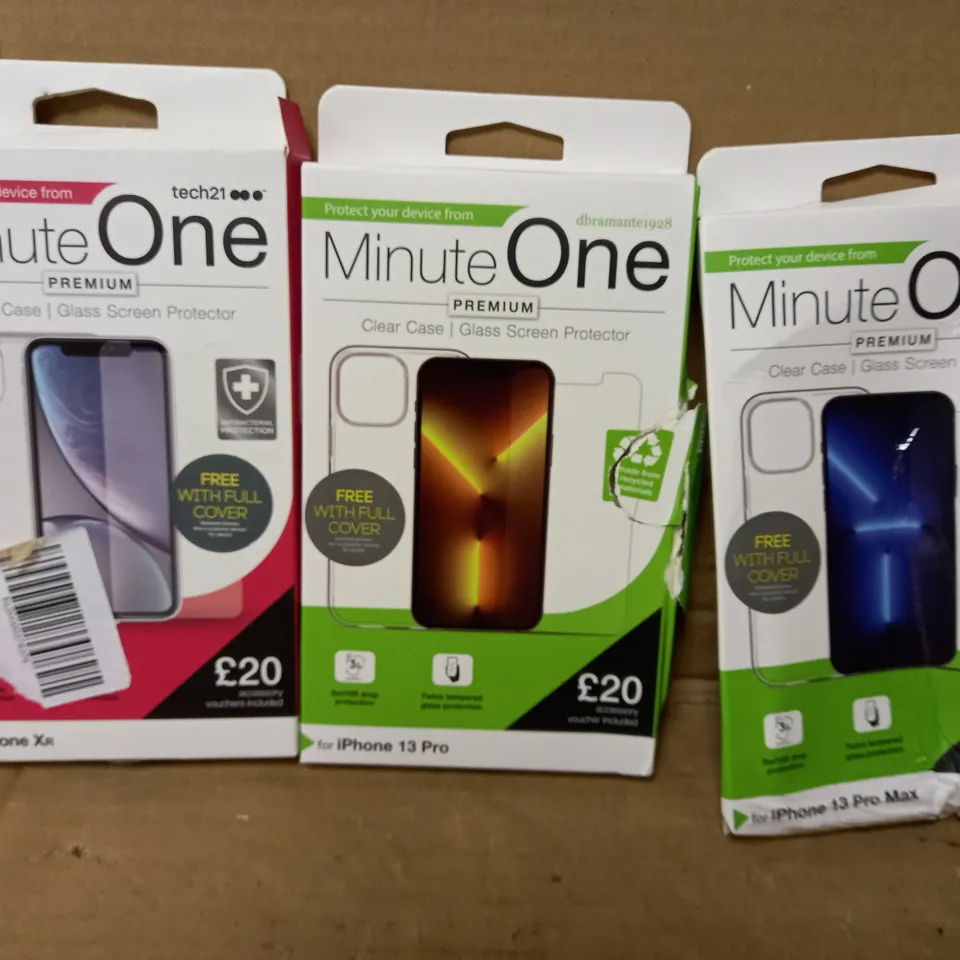 LOT OF 3 MINUTE ONE CLEAR CASES INCLUDING 1 FOR IPHONE XR, 1 FOR IPHONE 13 PRO, 1 FOR IPHONE 13 PRO MAX