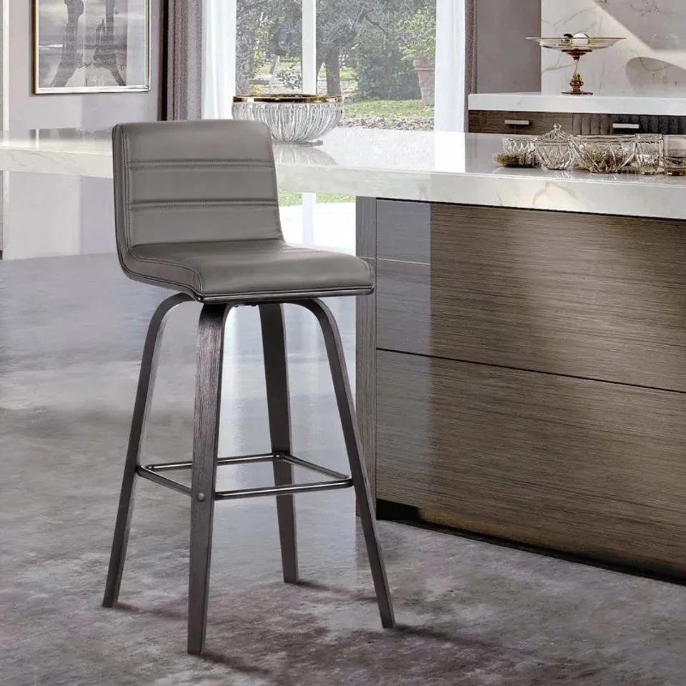 BOXED ALUIN MID-CENTURY MODERN SWIVEL COUNTER OR BAR HEIGHT BAR STOOL IN FAUX LEATHER AND WOOD - GREY/BLACK