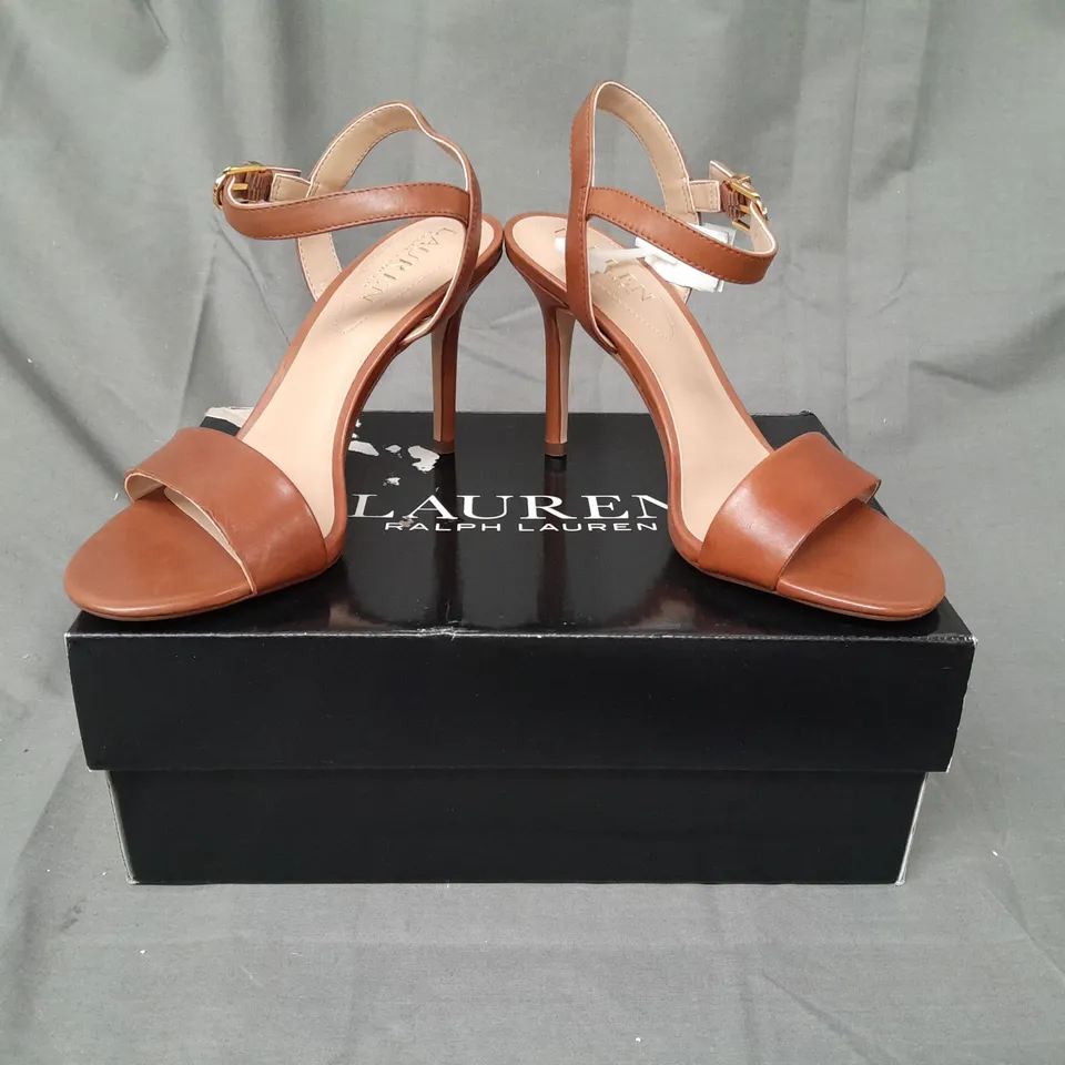 BOXED PAIR OF RALPH LAUREN OPEN TOE HIGH HEEL SANDALS IN BROWN UK SIZE 3.5