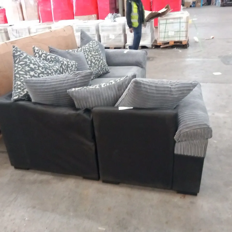 DESIGNER GREY CORDED FABRIC AND BLACK SUEDE EFFECT CORNER SOFA WITH SCATTER CUSHIONS