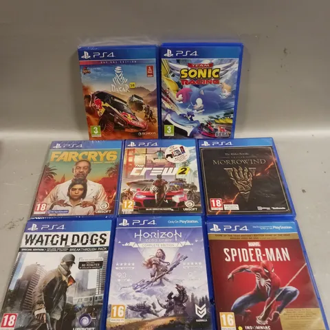 8 X ASSORTED PS4 VIDEO GAMES TO INCLUDE SONIC RACING, SPIDER-MAN, FARCRY 6 ETC
