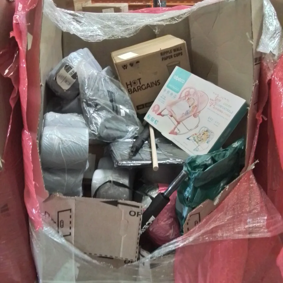 PALLET CONTAINING VARIOUS ASSORTED ITEMS TO INCLUDE: LOTS OF BLUE PAPER ROLLS, RIPPLE WALL PAPER CUPS, ROCKING BABY'S CHAIR AND LOTS MORE UNMARKED BOXED ITEMS 