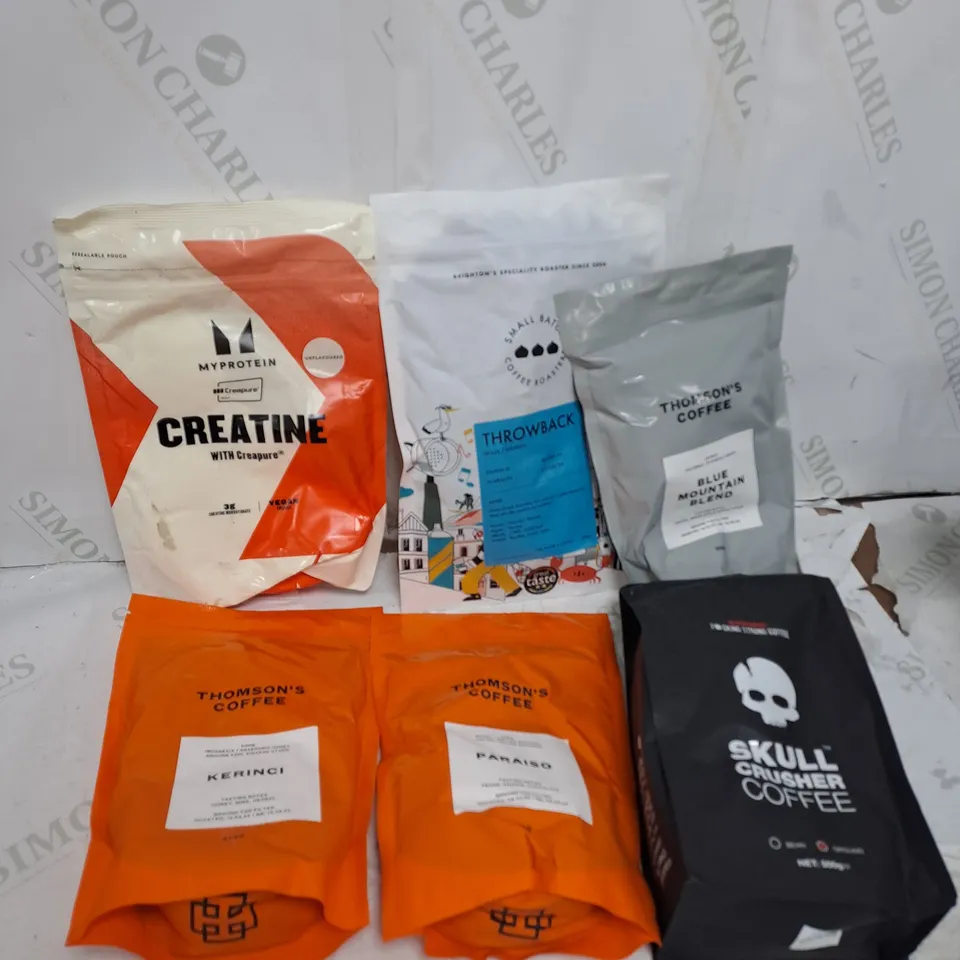 TOTE OF ASSORTED COFFEE POUCHES AND CREATINE TOO INCLUDE MY PROTEIN AND THOMSON'S COFFEE , ETC 