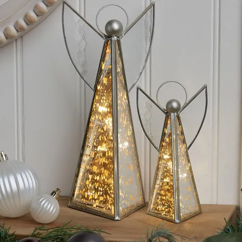 SET OF 2 PRE LIT MERCURY GLASS ANGEL CHRISTMAS TREE DECORATIONS