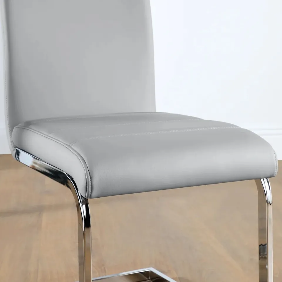 BOXED PERTH DINING CHAIR, LIGHT GREY CLASSIC FAUX LEATHER & CHROME 