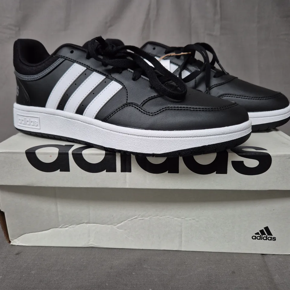 BOXED PAIR OF ADIDAS HOOPS 3.0 SHOES IN BLACK/WHITE UK SIZE 9