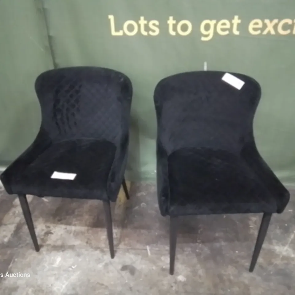 PAIR OF DESIGNER UPHOLSTERED DINING CHAIRS BLACK PLUSH FABRIC 