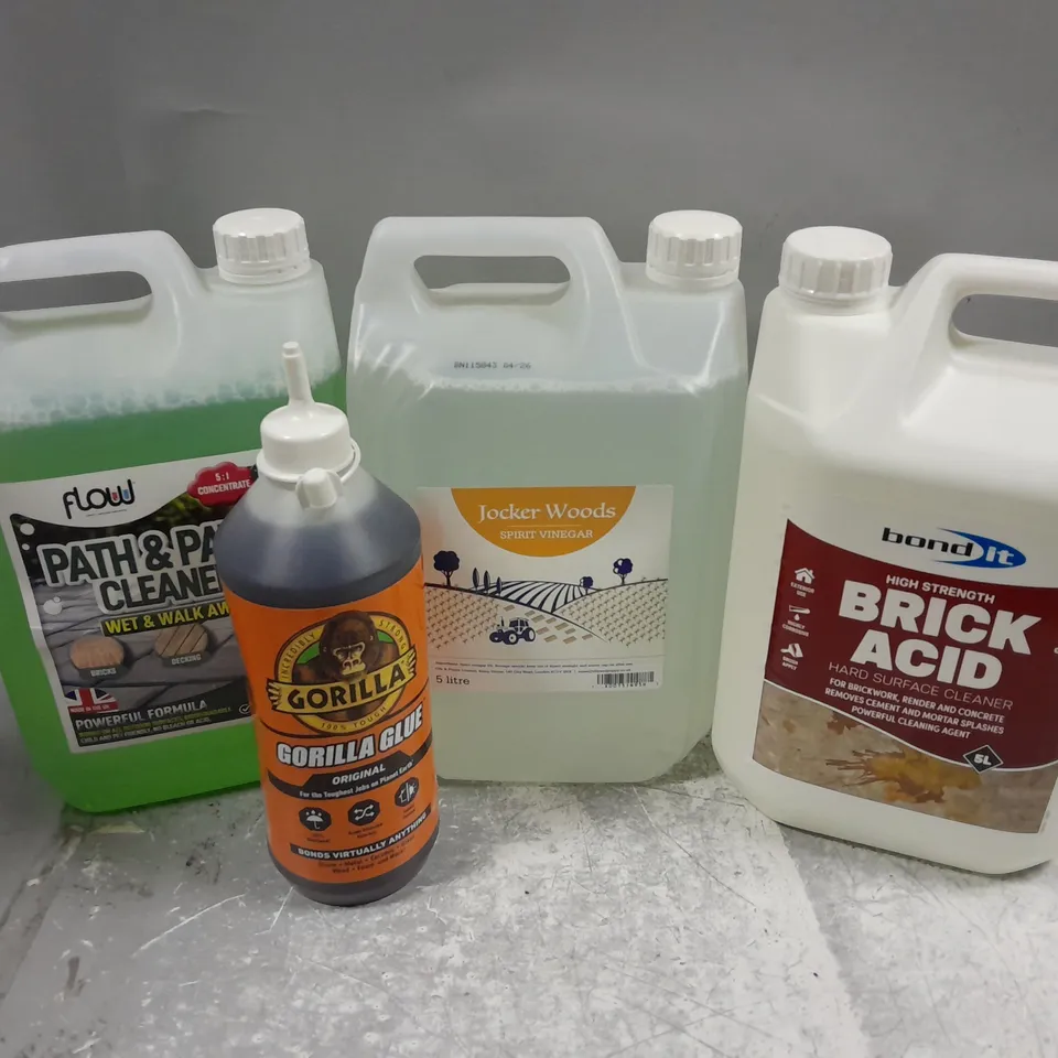 APPROXIMATELY 4 ASSORTED LIQUIDS TO INCLUDE BOND IT BRICK ACID (5L), JOCKER WOODS SPIRIT VINEGAR (5L), GORILLA GLUE (1L), ETC  - COLLECTION ONLY