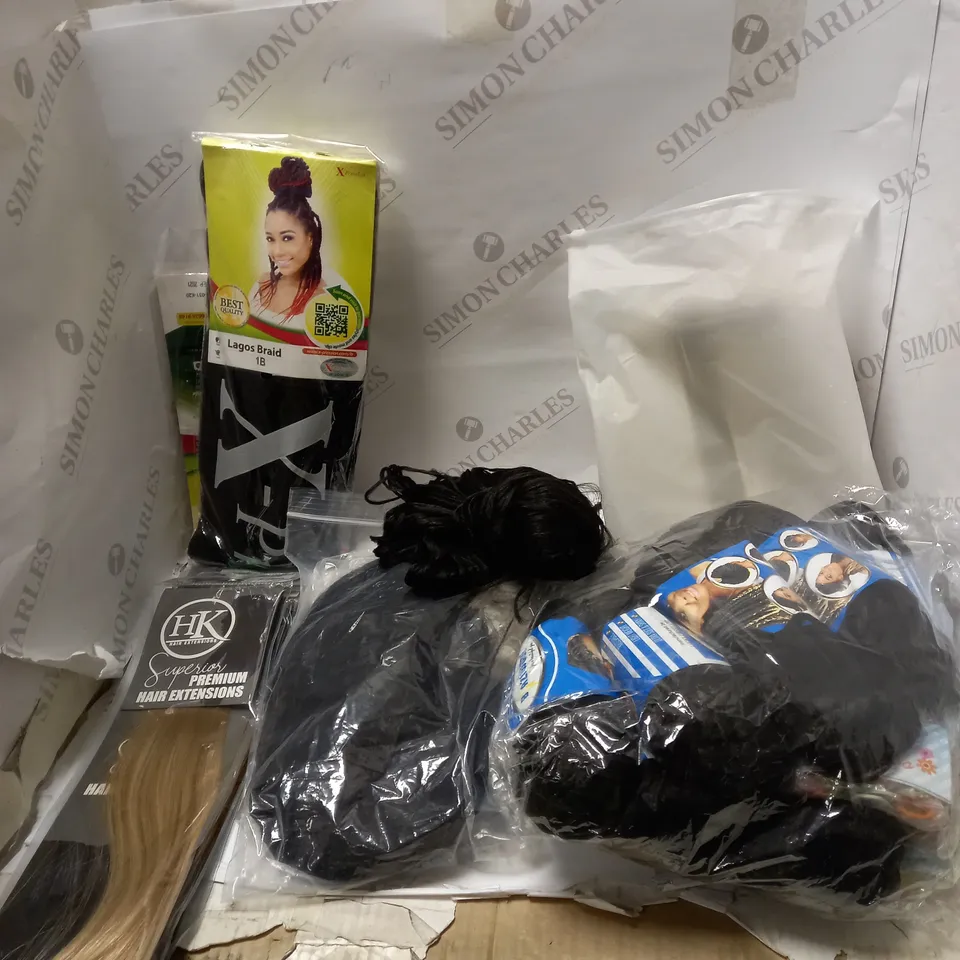 LOT OF APPROX 6 ASSORTED WIGS AND HAIR EXTENSIONS TO INCLUDE HK, BRAZIWOOL, LAGOS ETC