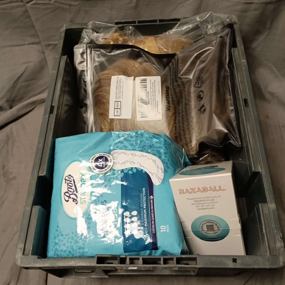 APPROXIMATELY 10 ASSORTED COSMETIC ITEMS TO INCLUDE MAXI PADS, WIGS, RAZABALL ETC