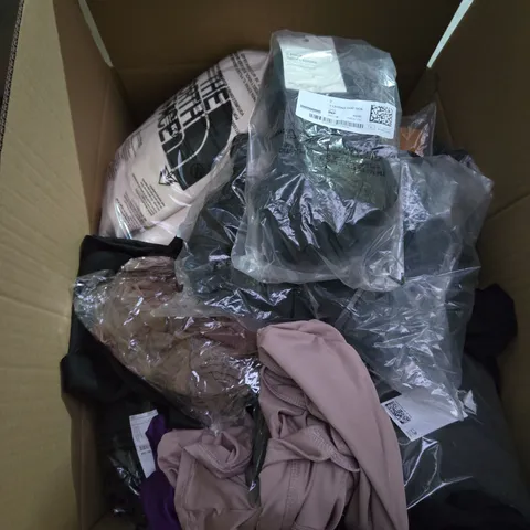 LARGE BOX OF ASSORTED CLOTHING ITEMS IN VARIOUS STYLES, SIZES AND COLOURS