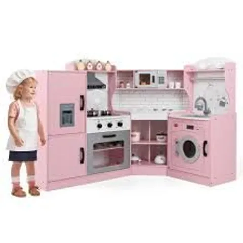 BOXED COSTWAY PINK WOODEN CORNER PLAY KITCHEN WITH SOUNDS AND LIGHTS