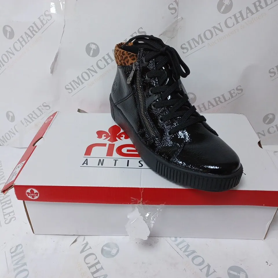 BOXED PAIR OF RIEKER HI TOP TRAINERS WITH CUFF IN BLACK UK SIZE 6.5