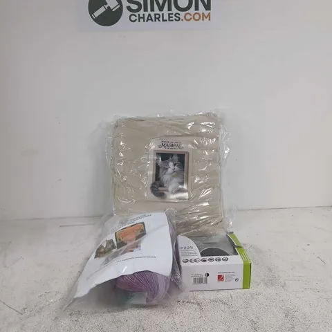 BOX OF APPROXIMATELY 20 ASSORTED ITEMS TO INCLUDE THROW, WOOL SET, REXEL PRECISION PUNCH ETC