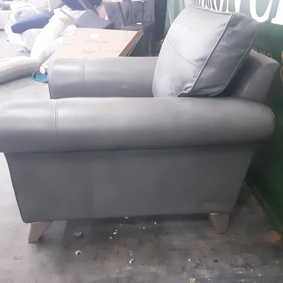 QUALITY BRITISH MADE LOUNGE Co PENELOPE GREY LEATHER ARMCHAIR ON LIGHT WOODEN FEET 