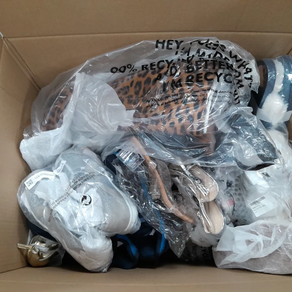 BOX OF APPROXIMATELY 12 PAIRS OF ASSORTED SHOES IN VARIOUS STYLES, COLOURS AND SIZES