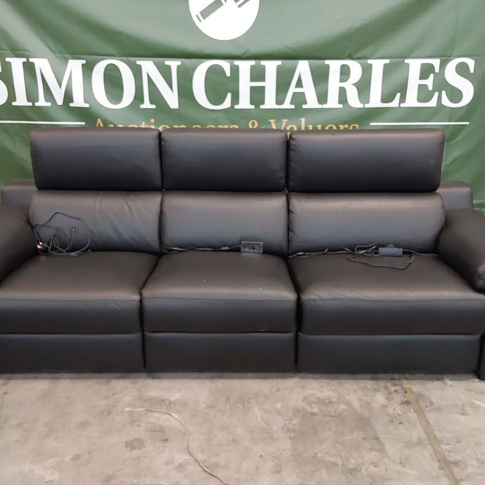 QUALITY ITALIAN DESIGNER MAESTRALE POWER RECLINING THREE SEATER SOFA WITH ADJUSTABLE HEADRESTS BLACK LEATHER 