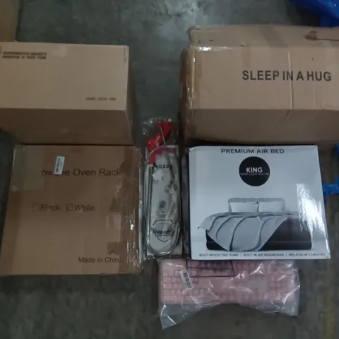 PALLET OF ASSORTED ITEMS INCLUDING MICROWAVE OVEN RACK, GETFIT PREMIUM KING AIR BED, PINK KEYBOARD AND MOUSE SET, AOZZY TOILET AUGER, SURFSTAR INFLATABLE BOARD
