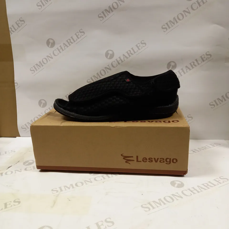 LESVAGO BLACK BREATHABLE OPEN TOE SHOES, UK SIZE 8