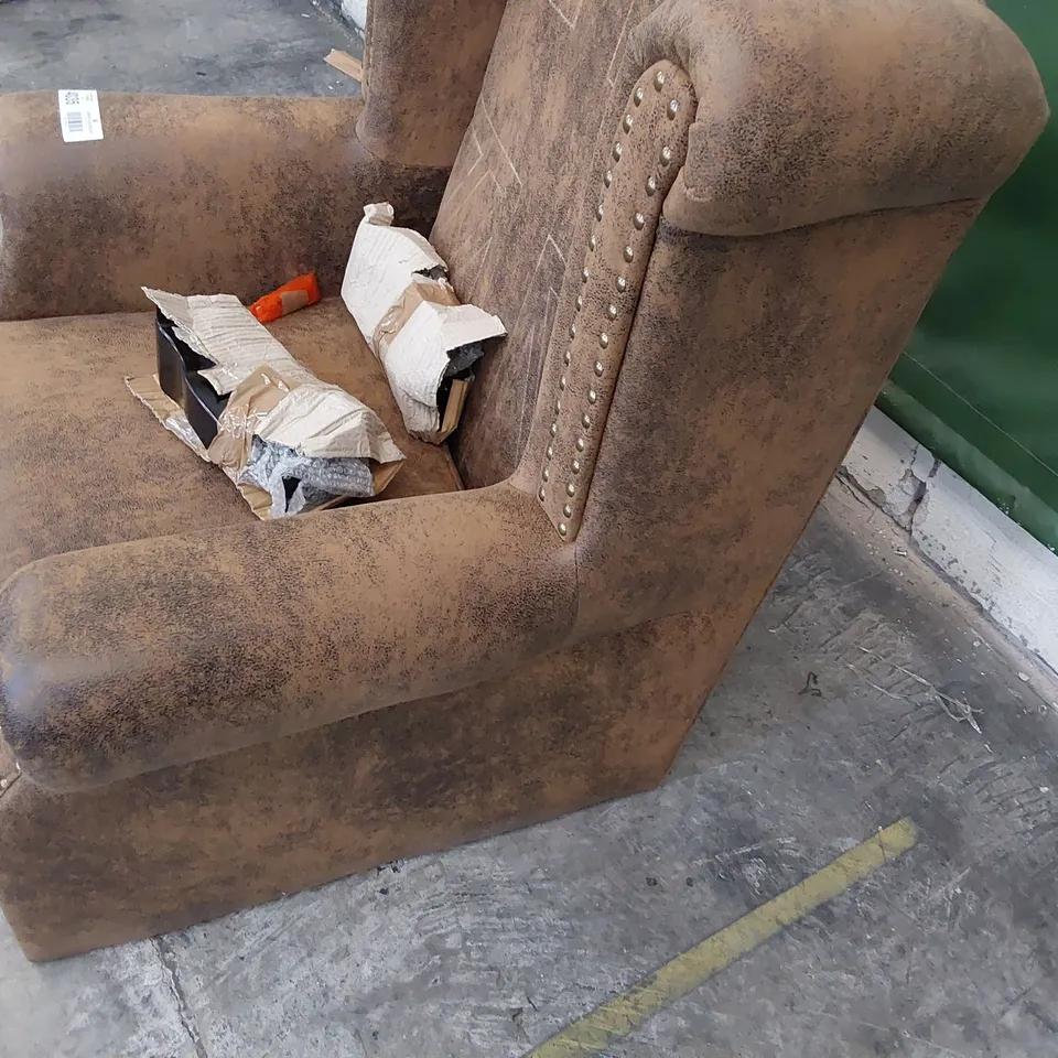 DESIGNER BRITTANIA WINGBACK CHAIR WITH UNION FLAG STITCHED BACK BROWN SUEDE