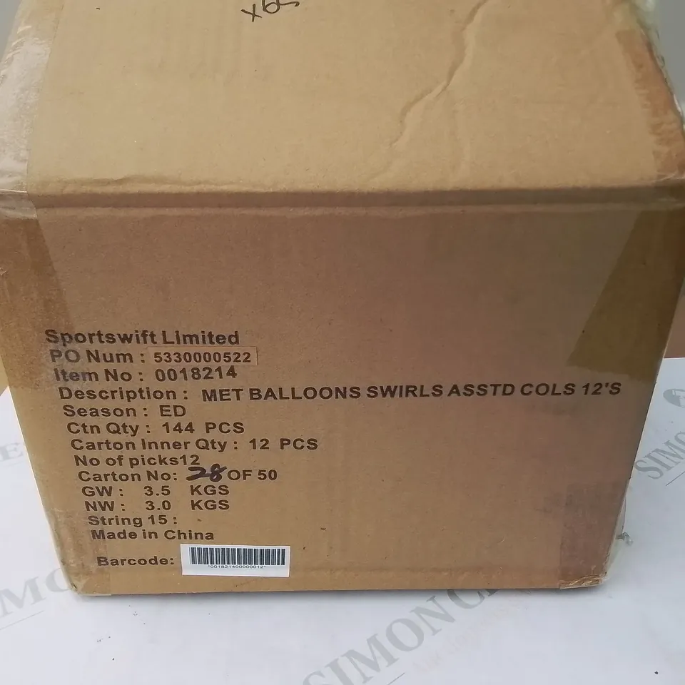 PALLET CONTAINING 65 BOXES OF BRAND NEW METALLIC BALLOON SWIRL CONFETTI  - 144 PIECES PER BOX / APPROX 9360 TOTAL