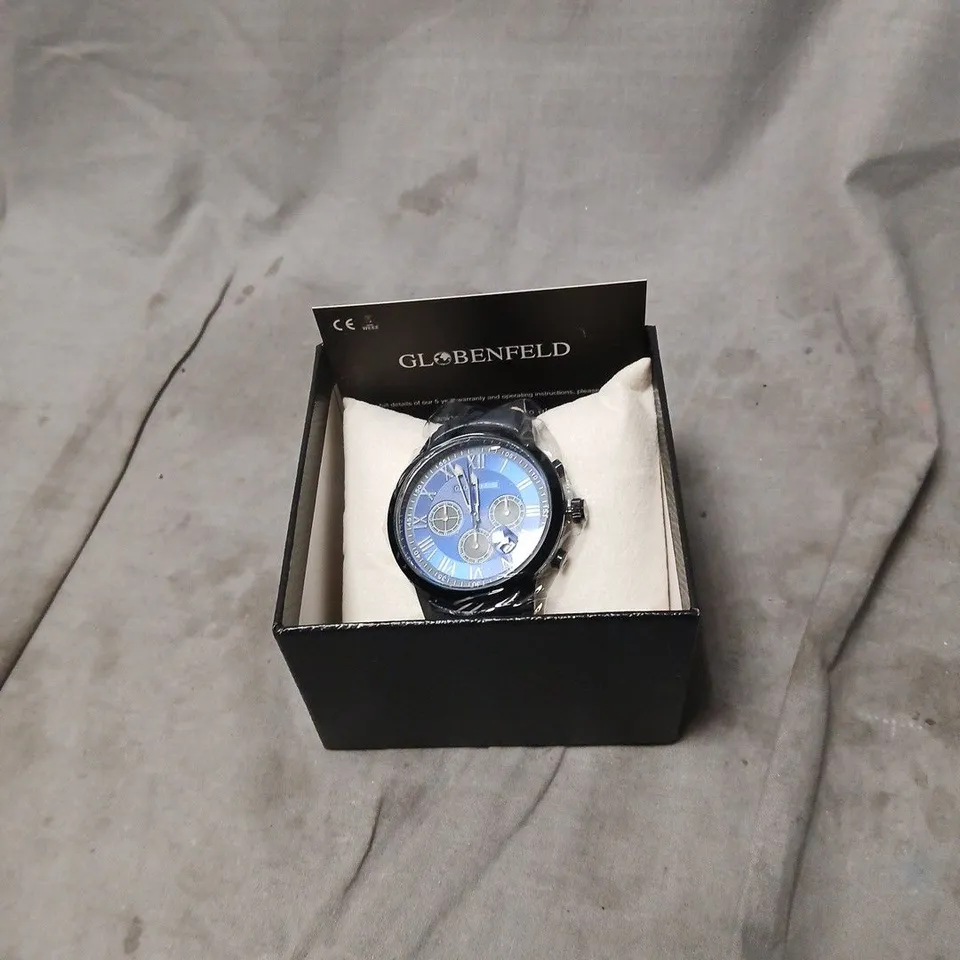 GLOBENFELD CHRONOGRAPH WATCH – BLUE DIAL, LEATHER STRAP, BOXED