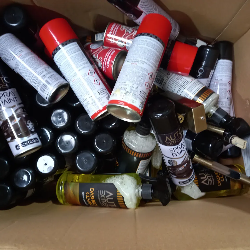 BOX OF APPROX 25 ASSORTED ITEMS TO INCLUDE - AUTO EXTREME DASHBOARD CLEANER - GLOSS VARNISH - PAINT FACTORY COLOUR IT CHERRY RED ECT