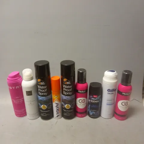 APPROXIMATELY 12 ASSORTED AEROSOLS TO INCLUDE ESTRID SHAVE GEL, LYNX BLUE LAVENDER, AND GILLETTE SHAVE GEL ETC. 