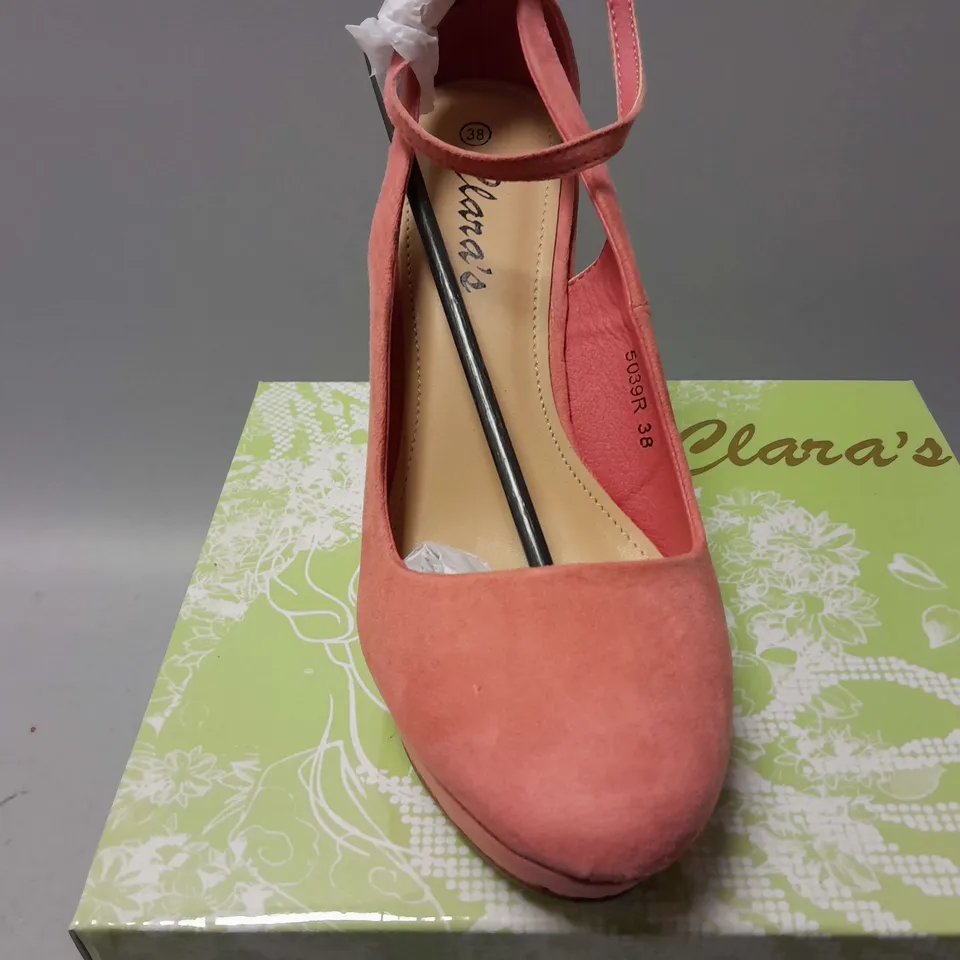 12 BOXED CLARAS RAISED OPEN BACK HEEL SHOES IN VARIOUS COLOURS AND SIZES