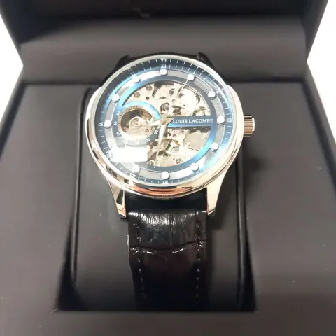 MENS LOUIS LACOMBE AUTOMATIC WATCH β SKELETON DIAL β GLASS EXHIBITION BACK CASE β LEATHER STRAP β GIFT BOX β EST Β£380