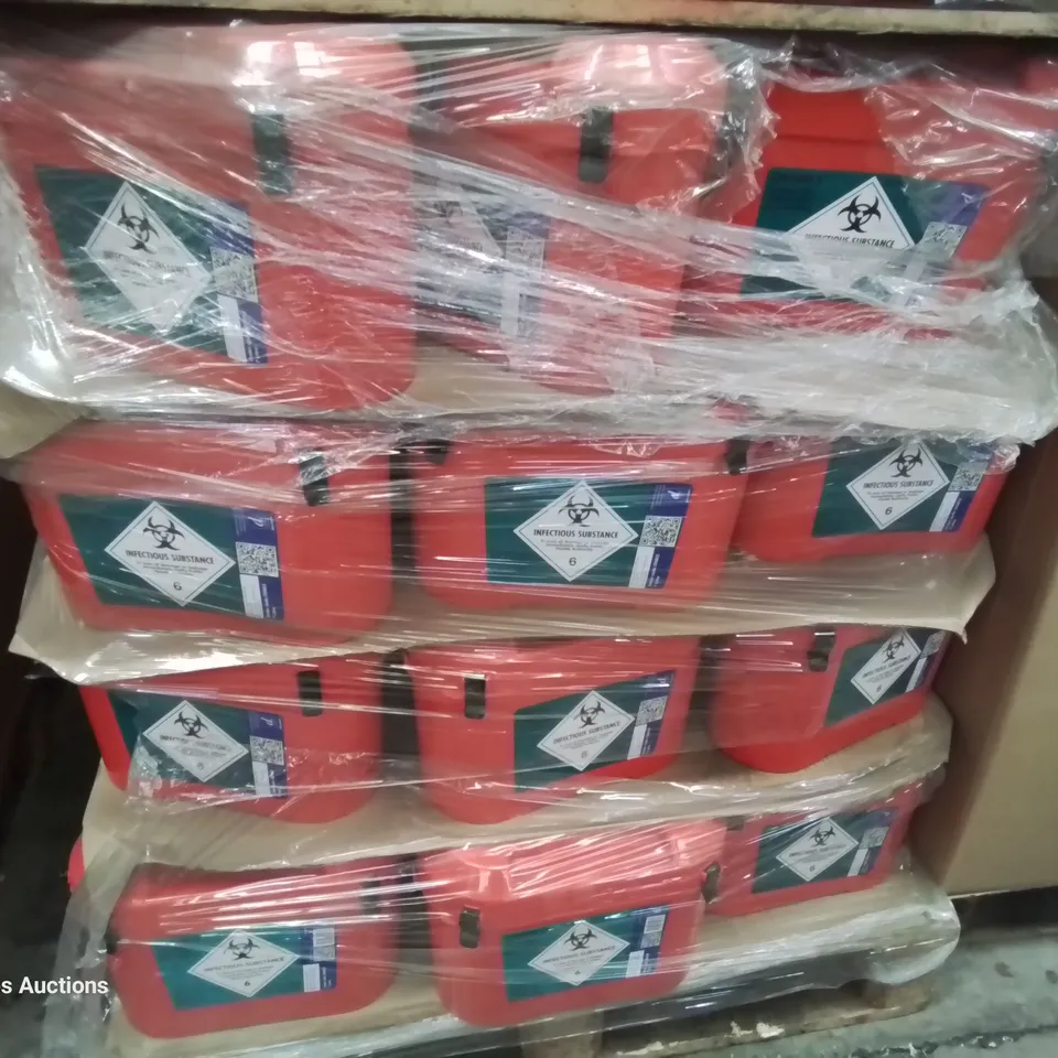 PALLET OF DANIELS INFECTIOUS SUBSTANCE BINS RED