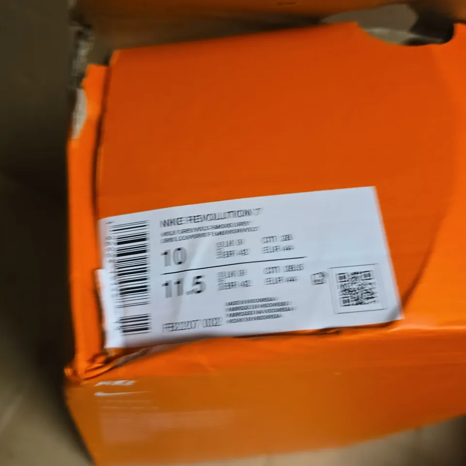 BOXED PAIR OF NIKE REVOLUTION 7 RUNNING SHOES – GREY/NEON SWOOSH, UK 10