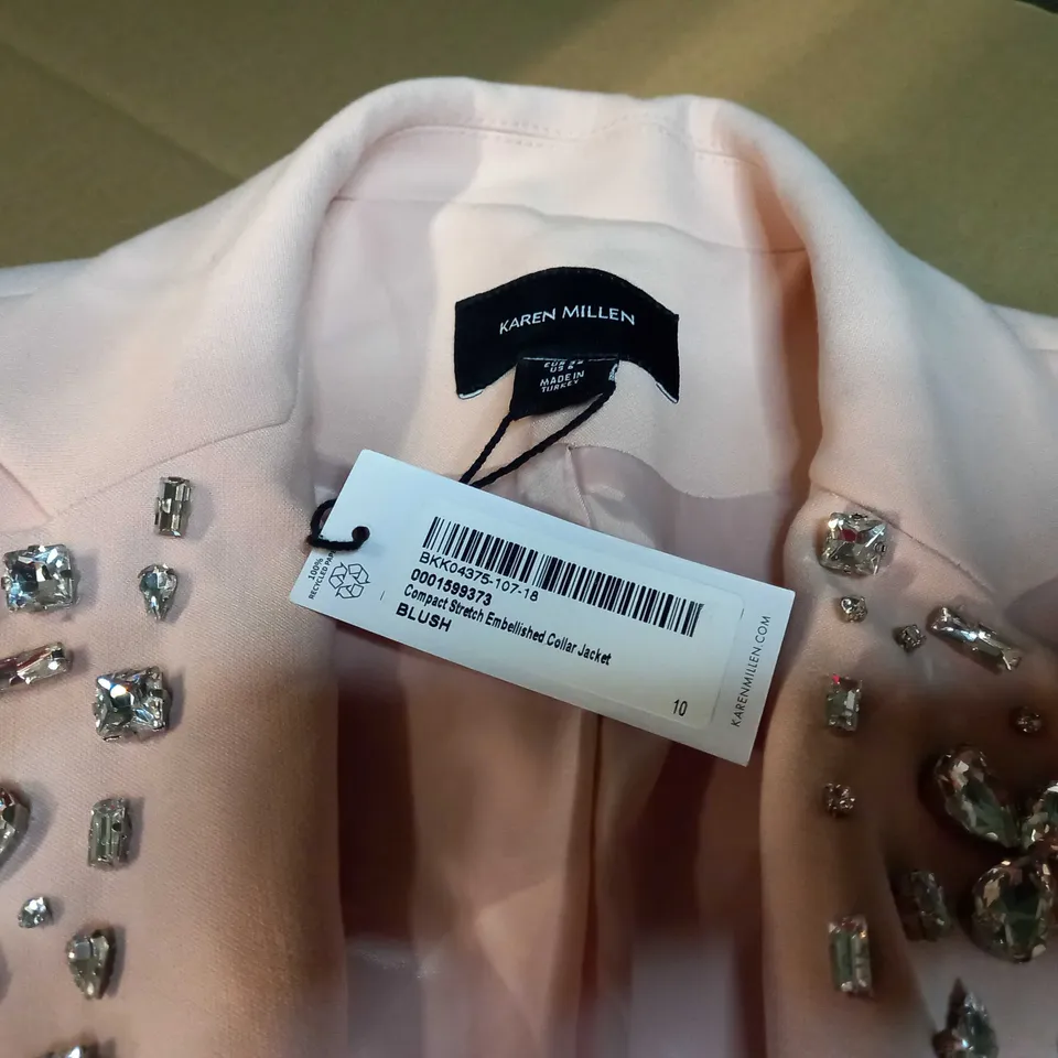 KAREN MILLEN BLUSH EMBELLISHED COLLAR COMPACT STRETCH JACKET - SIZE 10