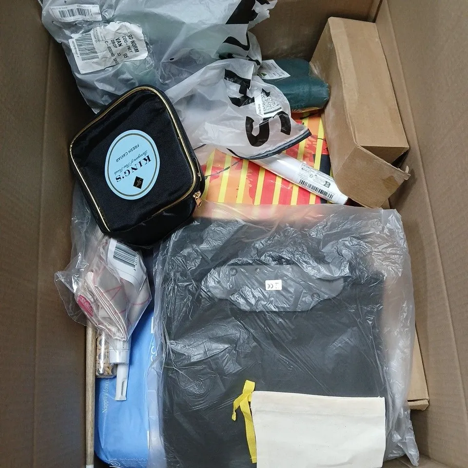 BOX OF APPROXIMATELY 20 ASSORTED HOUSEHOLD ITEMS TO INCLUDE PEACHIES NAPPIES, DRUM STICKS, WALLPAPERS, PILLOWCASE ETC