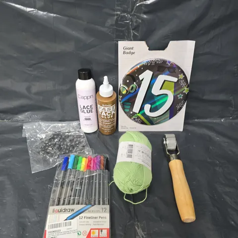 APPROXIMATELY 15 ASSORTED HOUSEHOLD PRODUCTS TO INCLUDE GLUE, FINELINER PENS, YARN ETC 