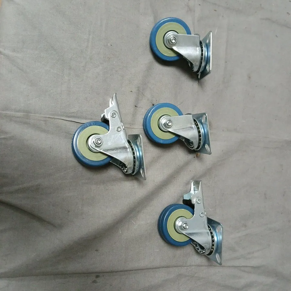 SET OF 4 RUBBER SWIVEL CASTERS WITH MOUNTING PLATES – BLUE WHEELS