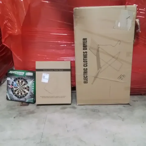 PALLET OF ASSORTED HOUSEHOLD GOODS AND PRODUCTS TO INCLUDE;DARTBOARD,ELECTRIC CLOTHES AIRER,TOILET SEAT 