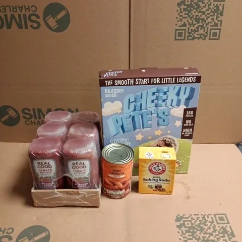 APPROXIMATELY 12 ASSORTED FOOD AND DRINKS ITEMS TO INCLUDE - TOMATO KETCHUP - TINNED BABY CARROTS AND CHEEKY PETE'S CEREAL