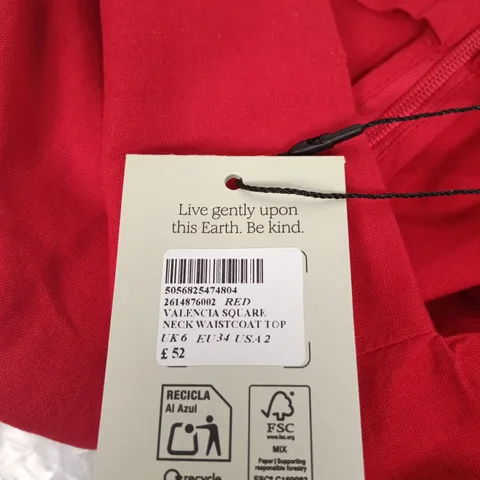 NOBODYS CHILD VALENCIA RED SQUARE-NECK WAISTCOAT TOP – UK 6