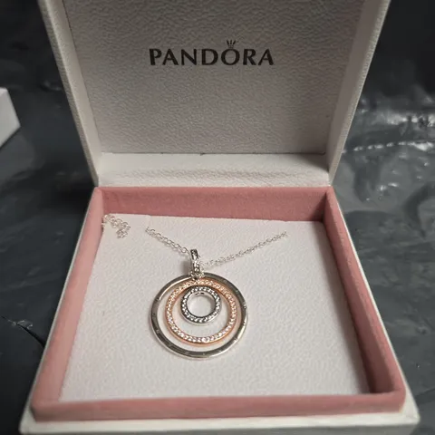 PANDORA CIRCLE PENDANT NECKLACE – SILVER & ROSE TONE WITH CRYSTALS