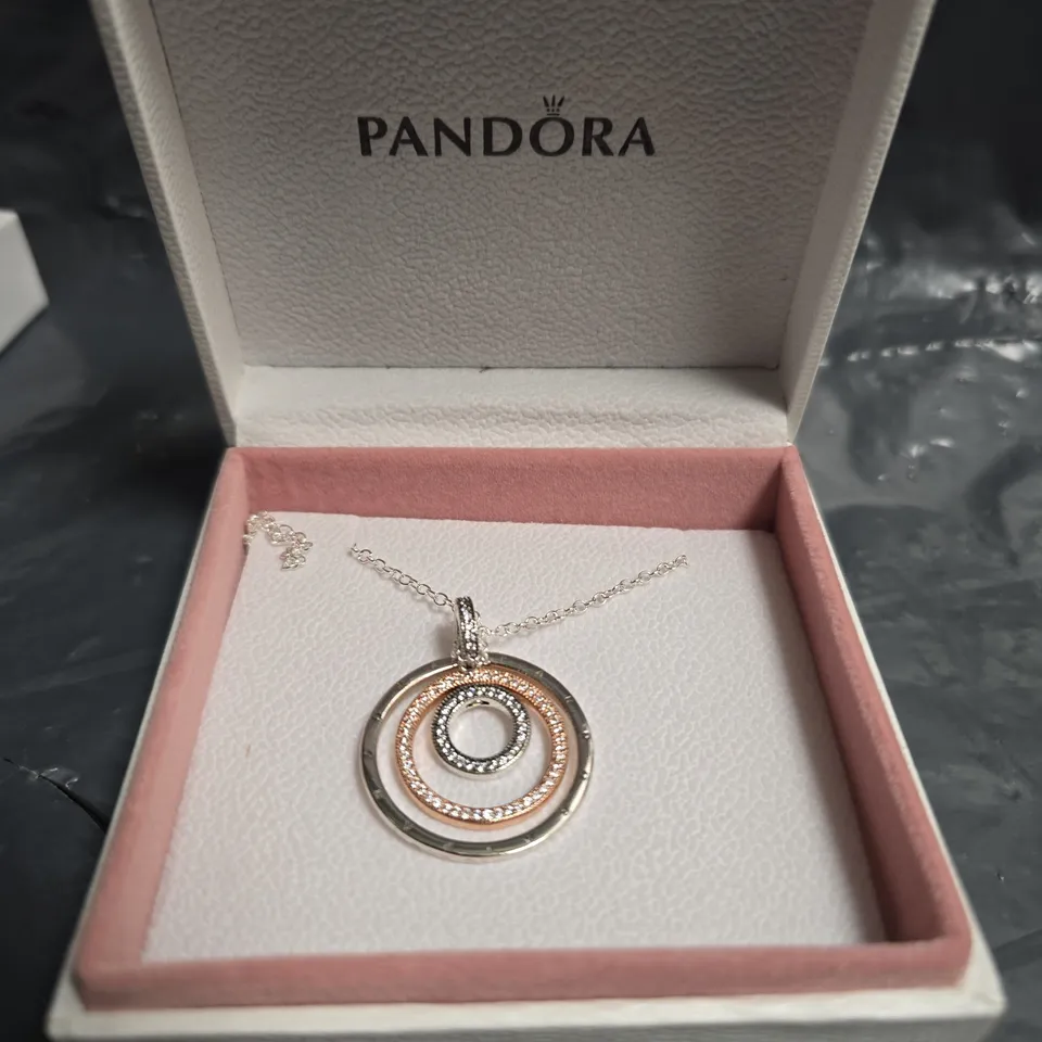 PANDORA CIRCLE PENDANT NECKLACE – SILVER & ROSE TONE WITH CRYSTALS
