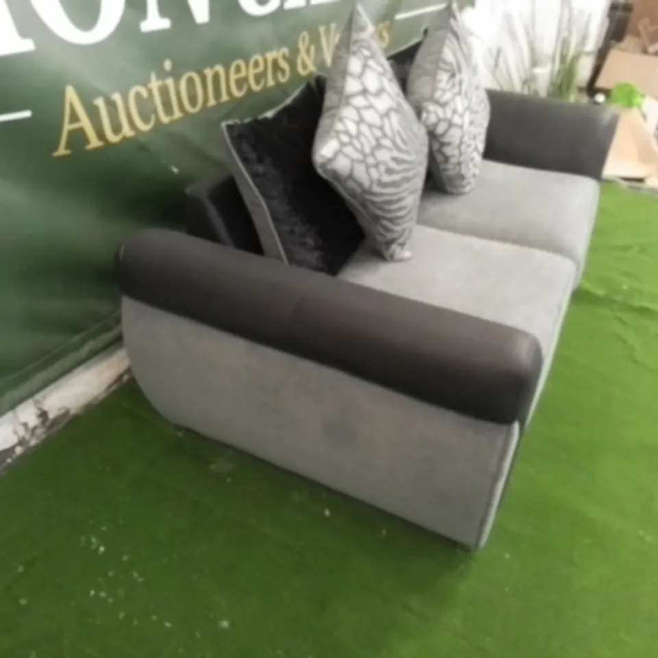 DESIGNER GREY FABRIC AND BLACK SUEDE EFFECT THREE SEATER SOFA WITH CHROME FEET