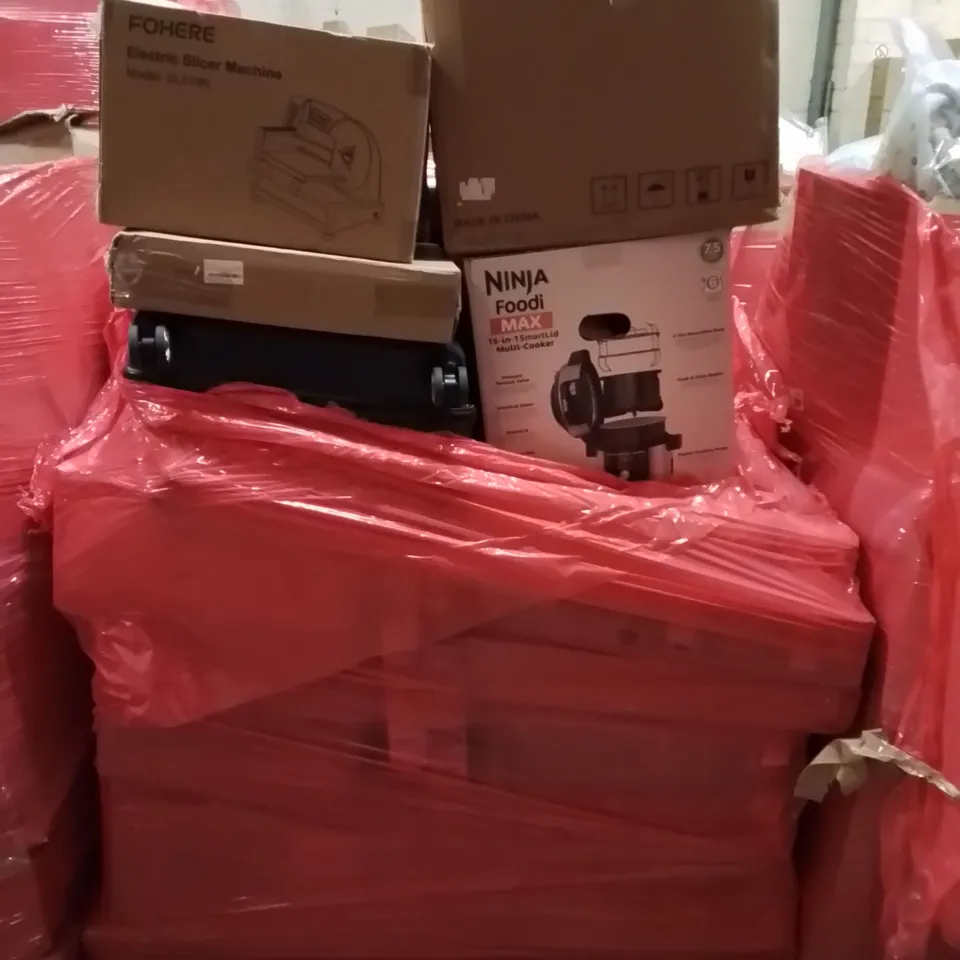 PALLET CONTAINING VARIOUS ASSORTED BOXED HOUSEHOLD ITEMS TO INCLUDE: NINJA FOODIE MAX MULTI-COOKER, ANYCUBIC KOBRA 3, FOOD PROCESSOR, ELECTRIC MEAT SLICER AND LOTS MORE UNMARKED BOXED ITEMS 